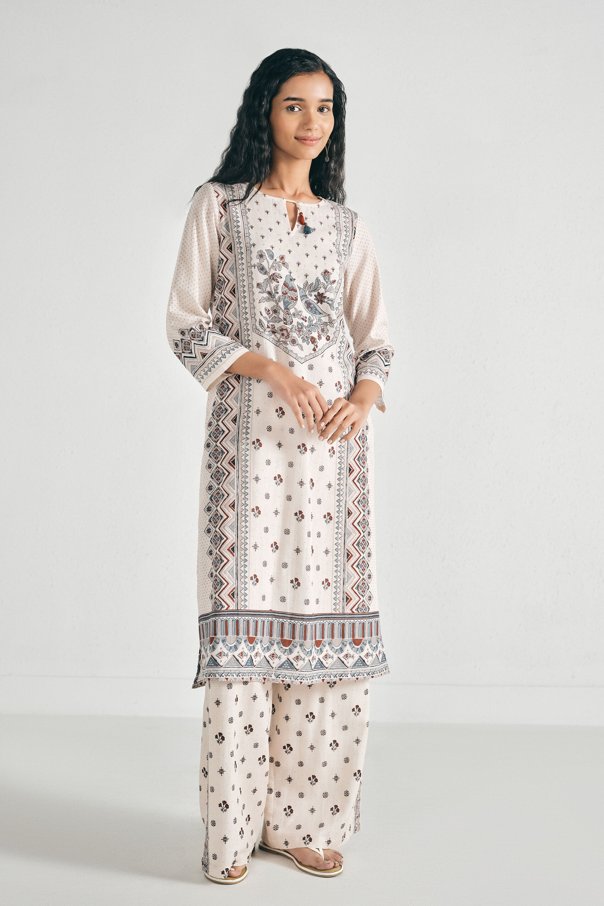 Birdsong Printed Kurta Set, Cream, image 4